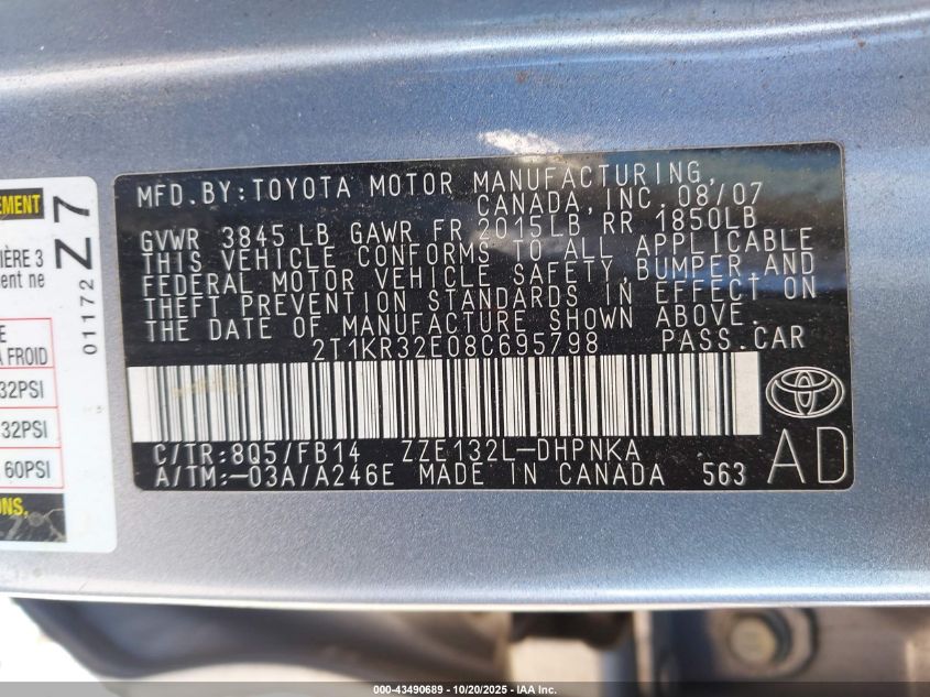 2008 Toyota Matrix Xr VIN: 2T1KR32E08C695798 Lot: 43490689