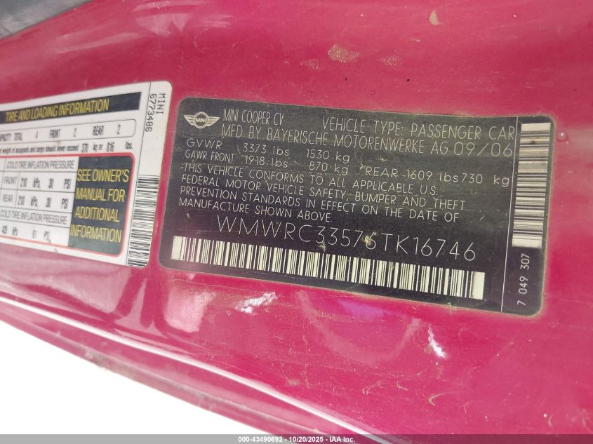 2006 Mini Cooper VIN: WMWRC33576TK16746 Lot: 43490692
