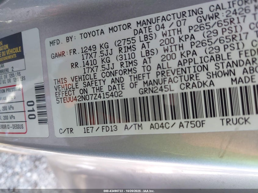 5TEUU42N07Z415402 2007 TOYOTA TACOMA photo no. 9