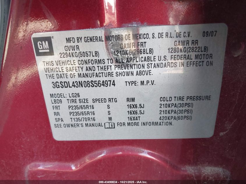 2008 Saturn Vue V6 Xe VIN: 3GSDL43N08S564974 Lot: 43490834