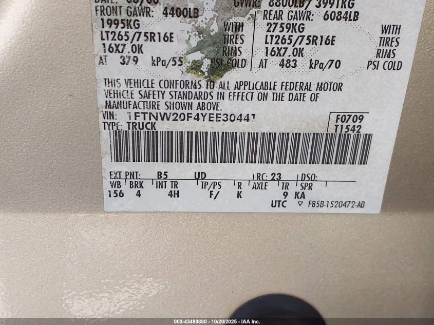 2000 Ford Super Duty F-250 Lariat/Xl/Xlt VIN: 1FTNW20F4YEE30441 Lot: 43490880