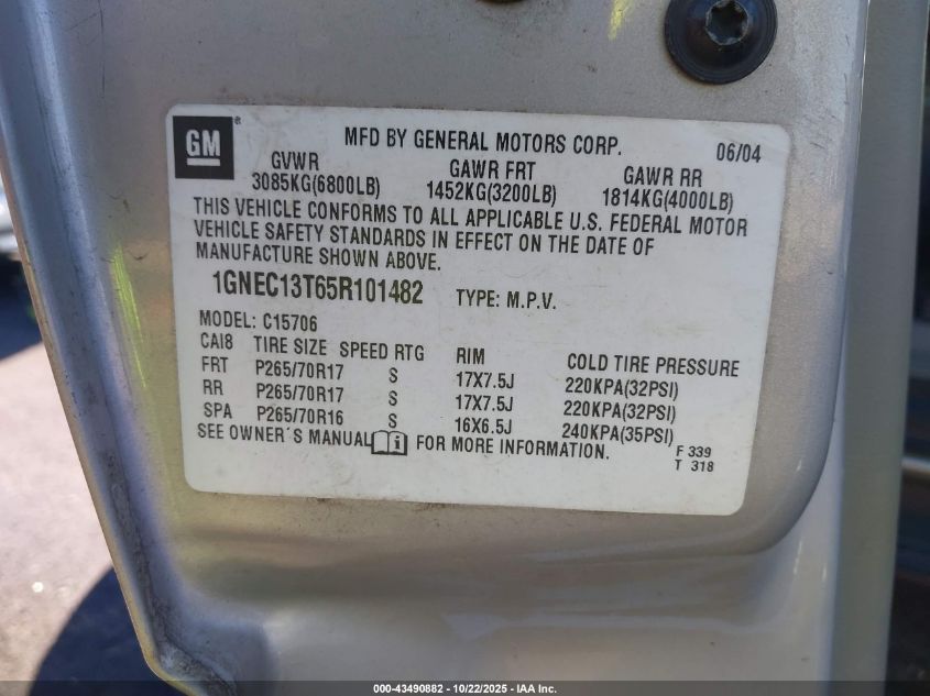 2005 Chevrolet Tahoe Lt VIN: 1GNEC13T65R101482 Lot: 43490882