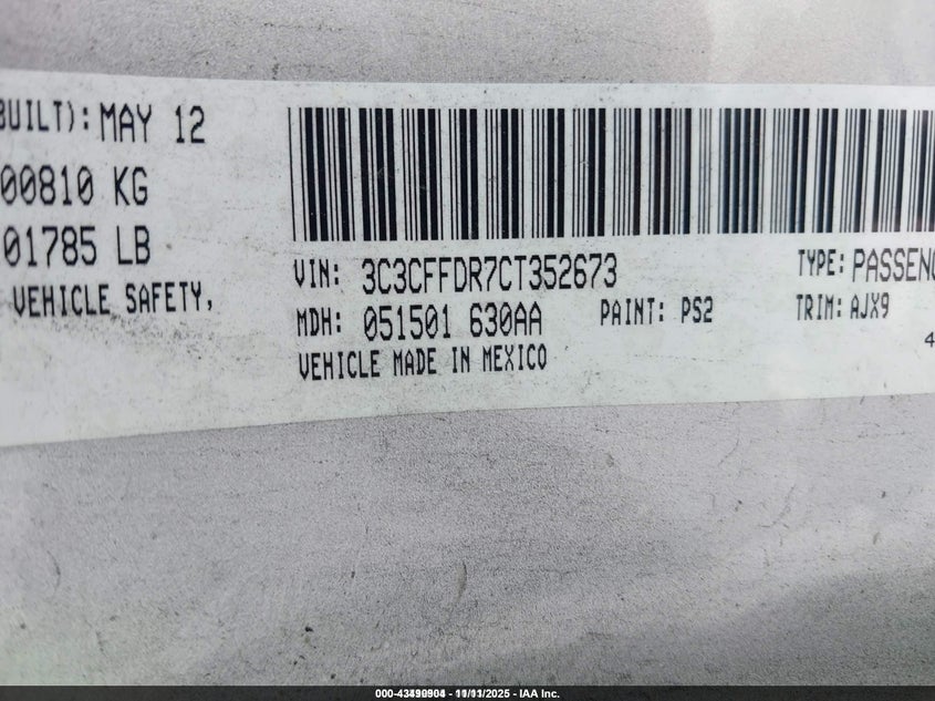 3C3CFFDR7CT352673 2012 FIAT 500 photo no. 9