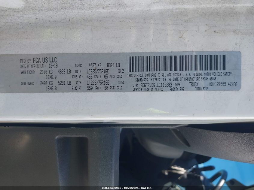 2020 Ram Promaster 2500 High Roof 159 Wb VIN: 3C6TRVDG1LE112283 Lot: 43490975