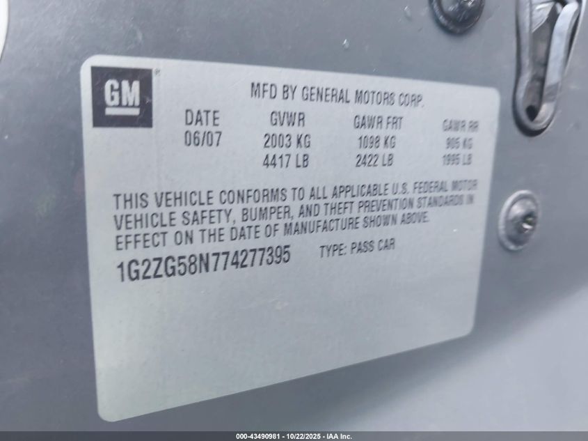 2007 Pontiac G6 VIN: 1G2ZG58N774277395 Lot: 43490981