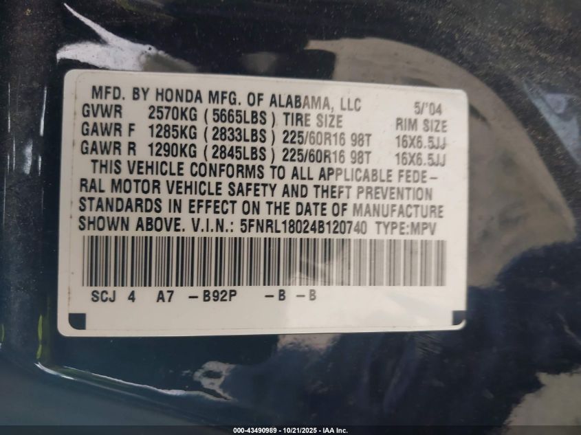 2004 Honda Odyssey Ex-L VIN: 5FNRL18024B120740 Lot: 43490989