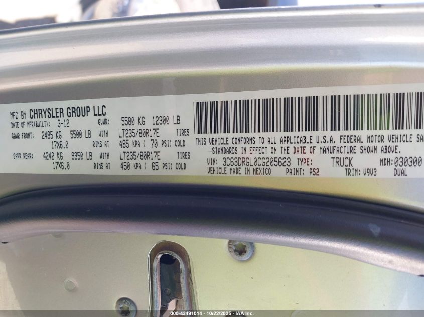 2012 Ram 3500 St VIN: 3C63DRGL0CG205623 Lot: 43491014