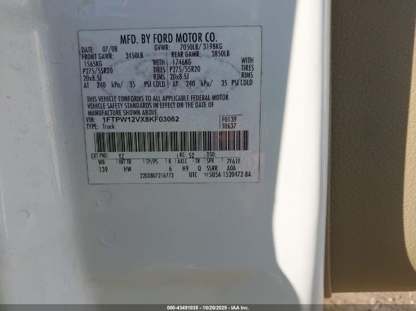 2008 Ford F-150 60Th Anniversary/Fx2/King Ranch/Lariat/Xlt VIN: 1FTPW12VX8KF03062 Lot: 43491035