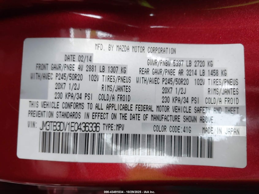 2014 Mazda Cx-9 Grand Touring VIN: JM3TB3DV1E0436336 Lot: 43491034