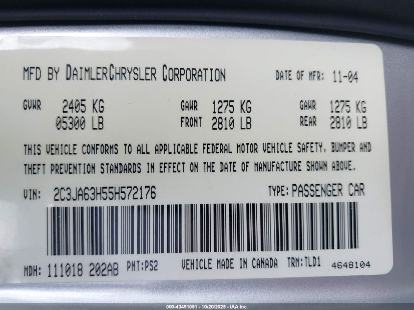 2005 Chrysler 300C VIN: 2C3JA63H55H572176 Lot: 43491051