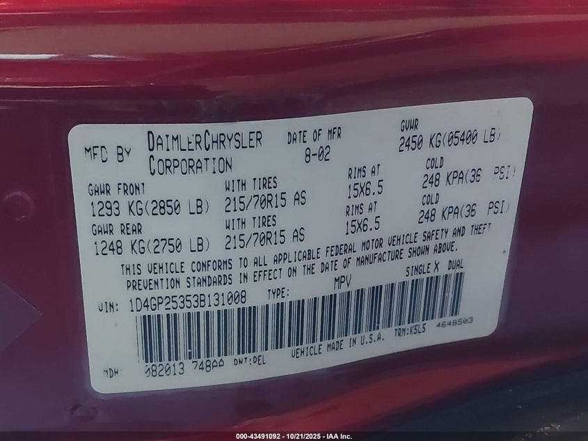 1D4GP25353B131008 2003 DODGE CARAVAN photo no. 9