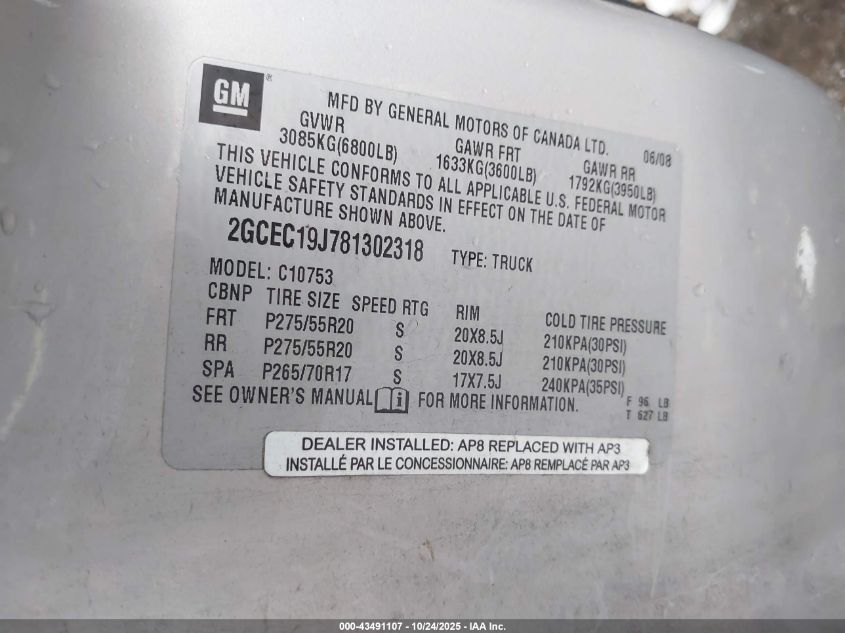 2008 Chevrolet Silverado 1500 Lt1 VIN: 2GCEC19J781302318 Lot: 43491107