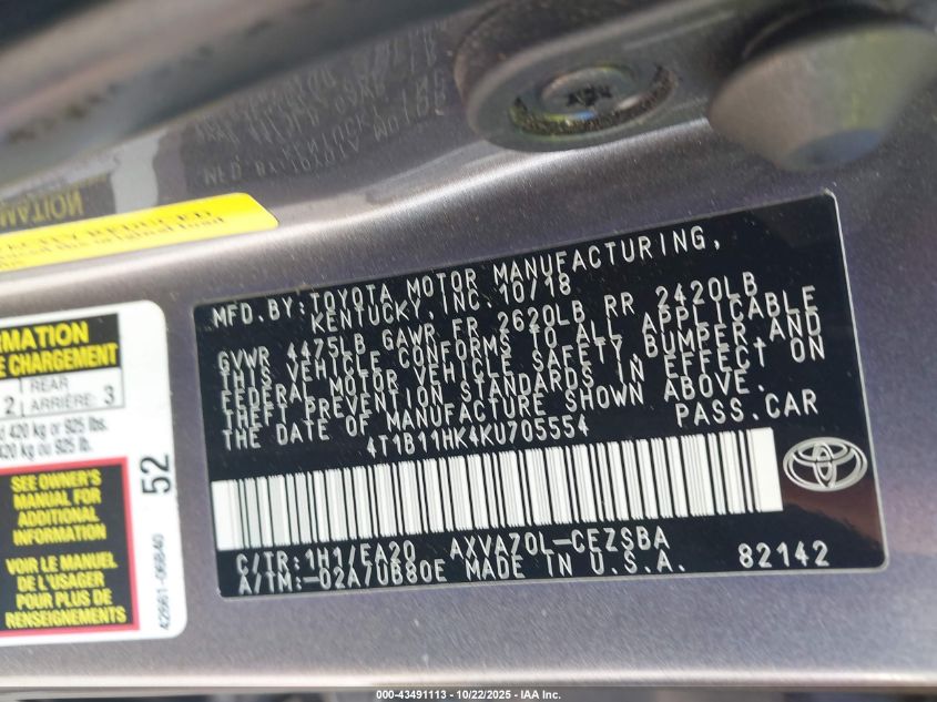 2019 Toyota Camry Se VIN: 4T1B11HK4KU705554 Lot: 43491113