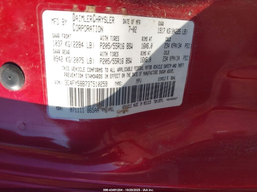 2003 Chrysler Pt Cruiser Touring VIN: 3C4FY58B73T510259 Lot: 43491204