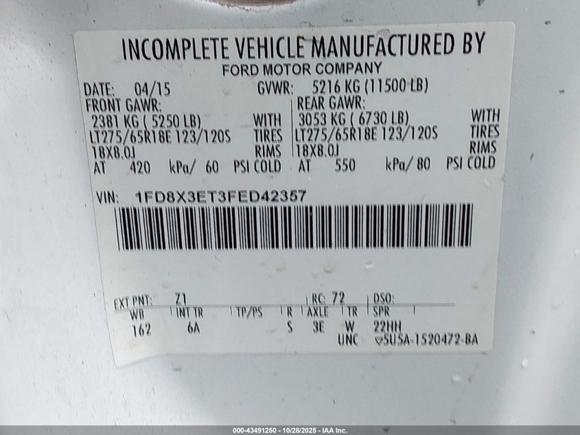 2015 Ford F-350 Chassis Lariat VIN: 1FD8X3ET3FED42357 Lot: 43491250