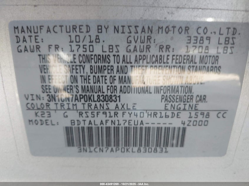 2019 NISSAN VERSA 1.6 S 3N1CN7AP0KL830831