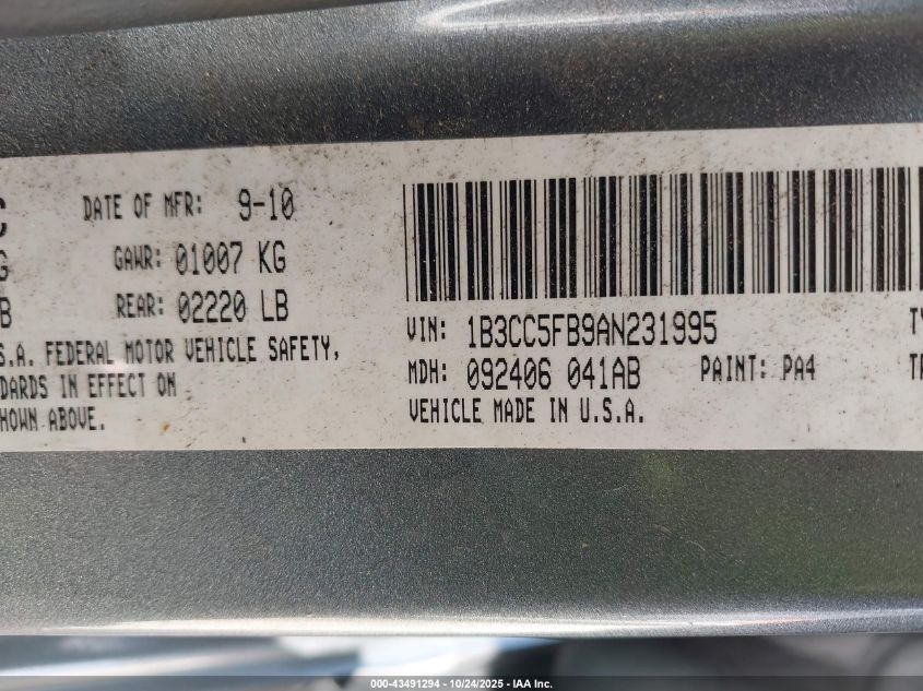 2010 Dodge Avenger R/T VIN: 1B3CC5FB9AN231995 Lot: 43491294