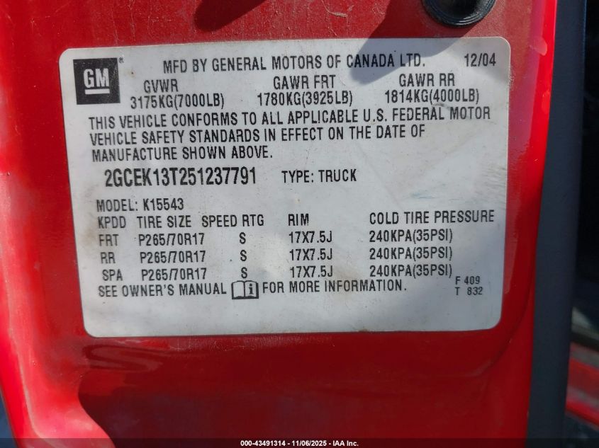 2005 Chevrolet Silverado 1500 Z71 VIN: 2GCEK13T251237791 Lot: 43491314