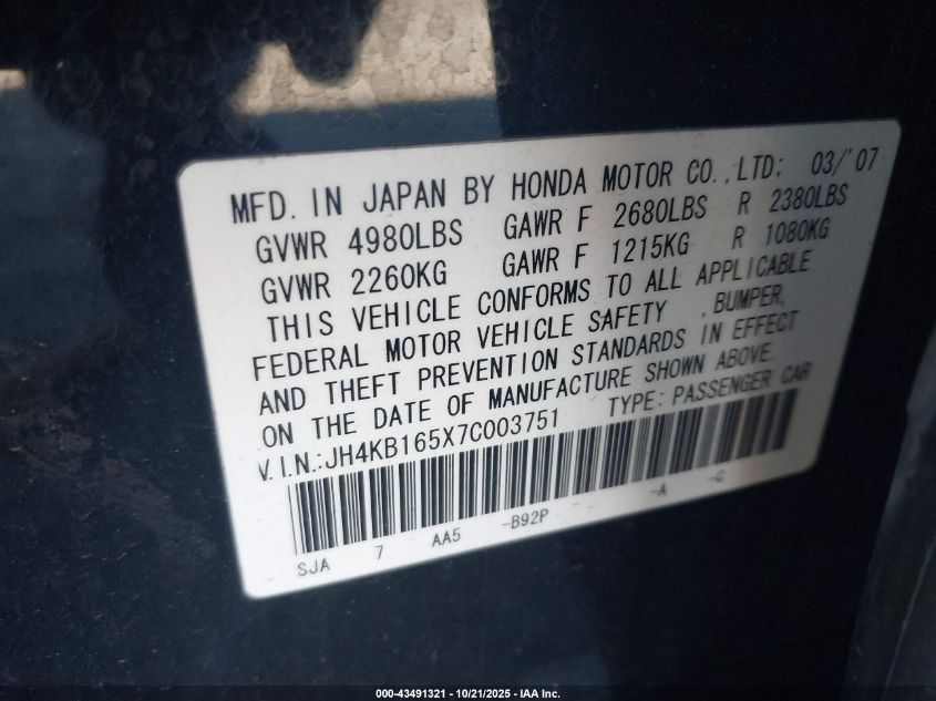 2007 Acura Rl 3.5 VIN: JH4KB165X7C003751 Lot: 43491321