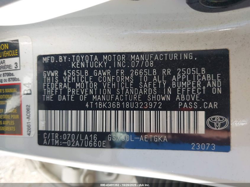 2008 Toyota Avalon Xls VIN: 4T1BK36B18U323972 Lot: 43491352