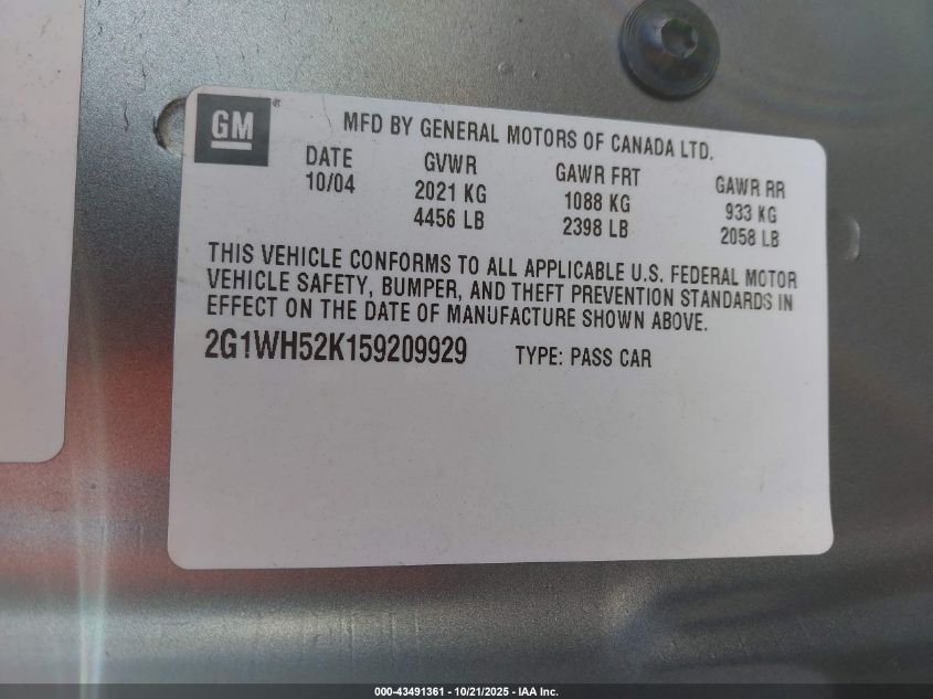 2005 Chevrolet Impala Ls VIN: 2G1WH52K159209929 Lot: 43491361