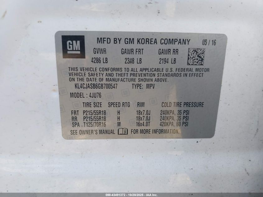 2016 Buick Encore VIN: KL4CJASB6GB700547 Lot: 43491372