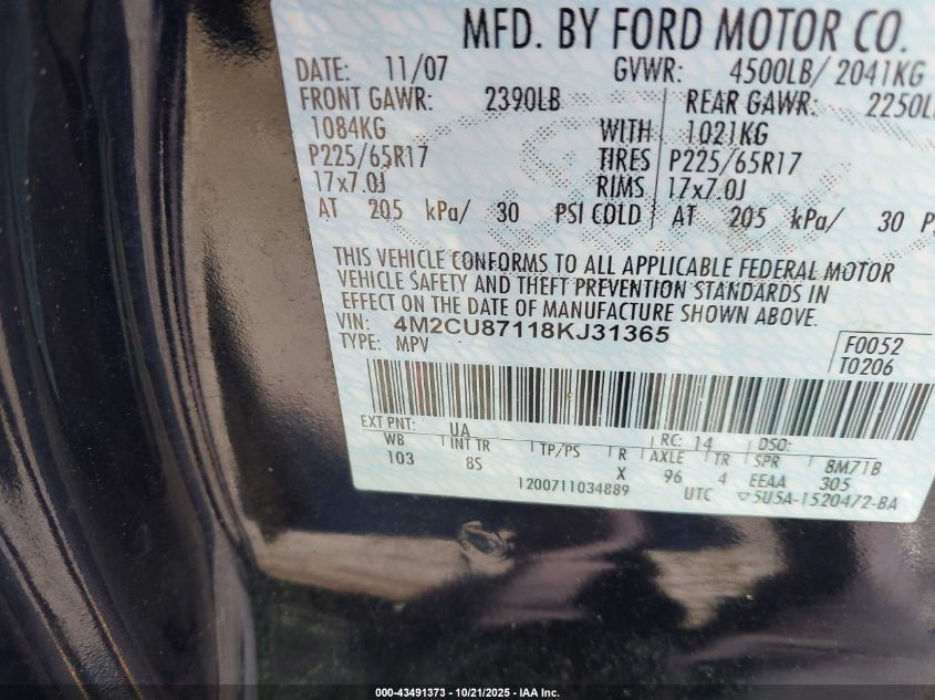 2008 Mercury Mariner Premier VIN: 4M2CU87118KJ31365 Lot: 43491373