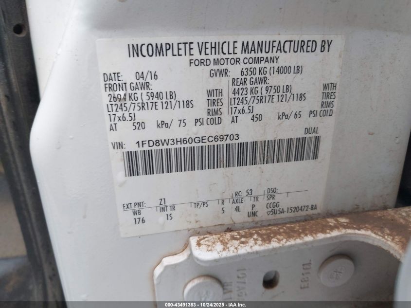 2016 Ford F-350 Chassis Xl VIN: 1FD8W3H60GEC69703 Lot: 43491383