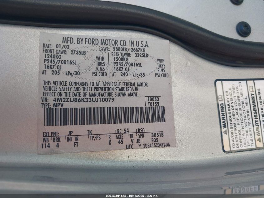 2003 Mercury Mountaineer VIN: 4M2ZU86K33UJ10079 Lot: 43491424