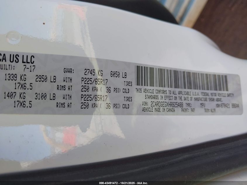 2017 Dodge Grand Caravan Gt VIN: 2C4RDGEGXHR825488 Lot: 43491472