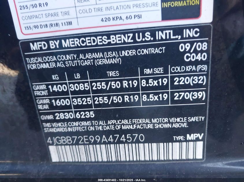 2009 Mercedes-Benz Ml 550 4Matic VIN: 4JGBB72E99A474570 Lot: 43491482
