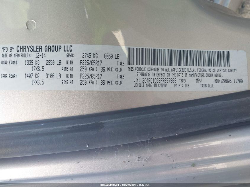 2015 Chrysler Town & Country Touring-L VIN: 2C4RC1CG8FR657608 Lot: 43491501