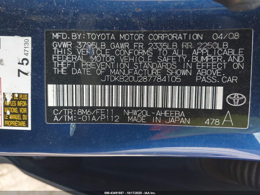 2008 Toyota Prius VIN: JTDKB20U287784105 Lot: 43491557