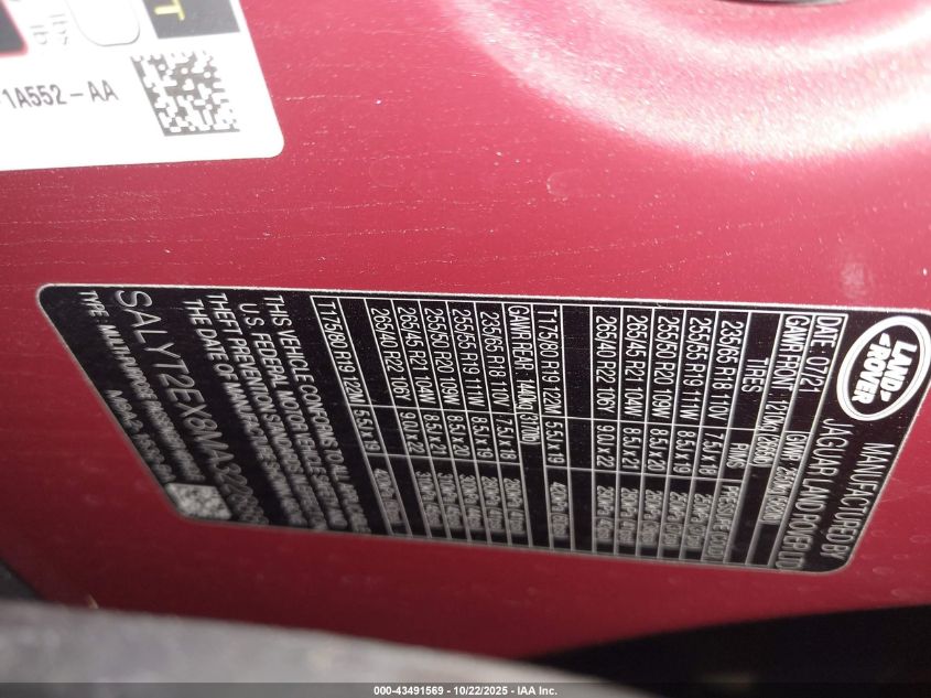 2021 Land Rover Range Rover Velar P250 R-Dynamic S VIN: SALYT2EX8MA322888 Lot: 43491569