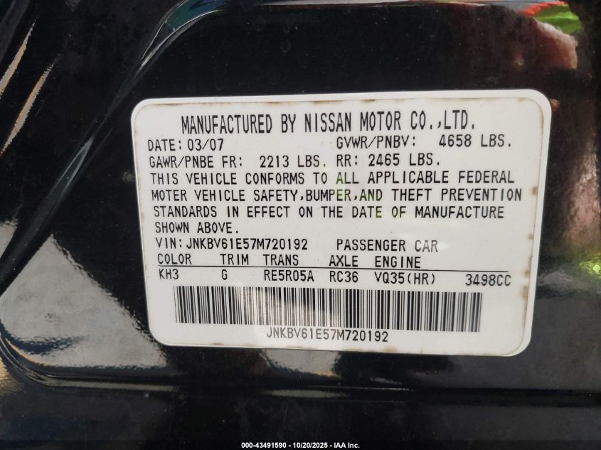 2007 Infiniti G35 Journey VIN: JNKBV61E57M720192 Lot: 43491590