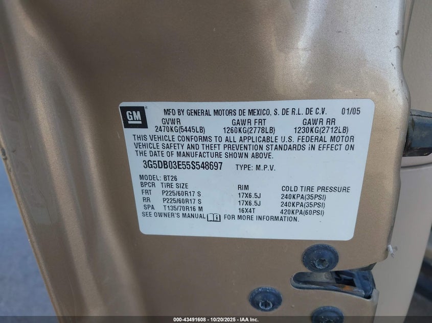 3G5DB03E55S548697 2005 BUICK RENDEZVOUS photo no. 9
