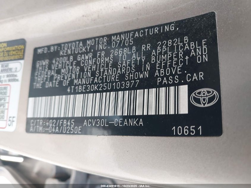 2005 Toyota Camry Le VIN: 4T1BE30K25U103977 Lot: 43491615