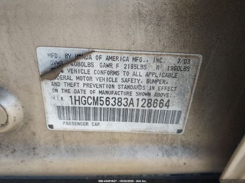 2003 Honda Accord 2.4 Lx VIN: 1HGCM56383A128664 Lot: 43491627