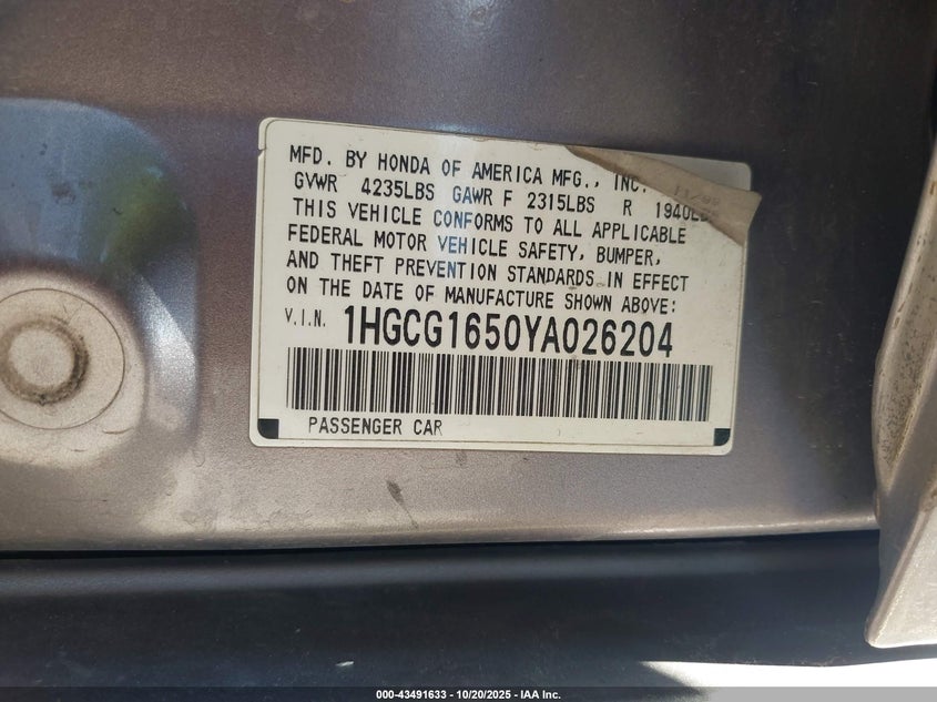 1HGCG1650YA026204 2000 HONDA ACCORD photo no. 9