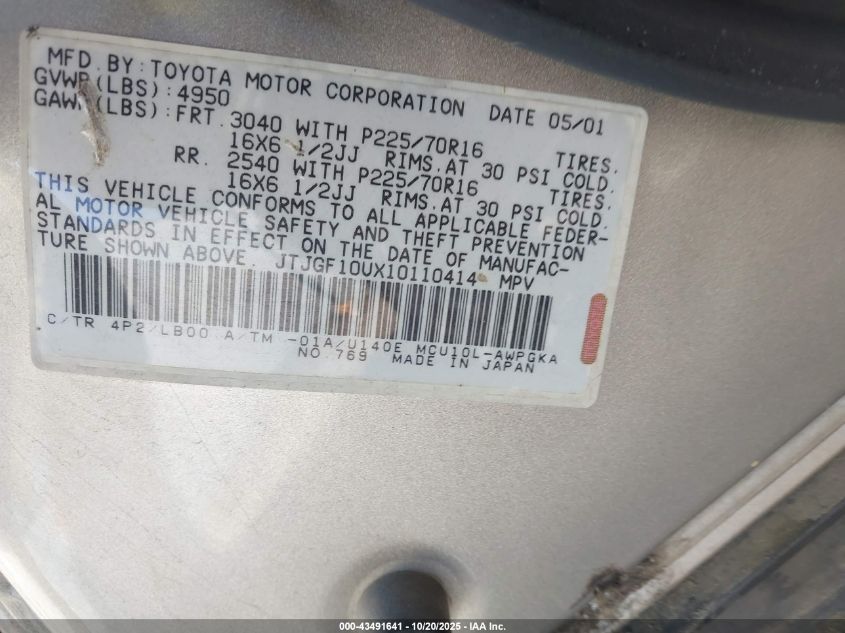 2001 Lexus Rx 300 VIN: JTJGF10UX10110414 Lot: 43491641