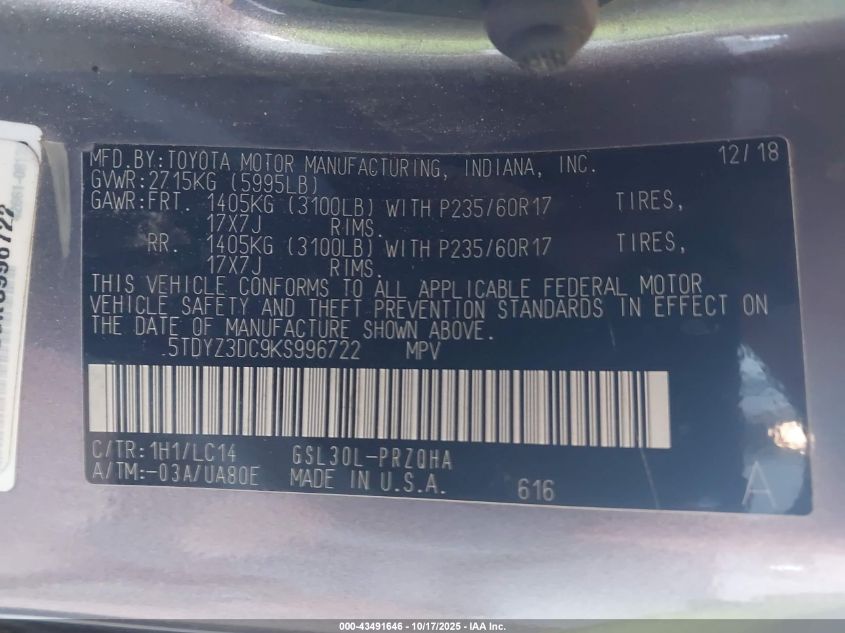 2019 Toyota Sienna Xle 8 Passenger VIN: 5TDYZ3DC9KS996722 Lot: 43491646