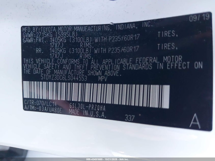 2020 TOYOTA SIENNA XLE PREMIUM 5TDYZ3DC6LS044553