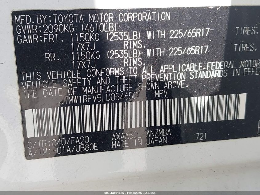 2020 Toyota Rav4 Xle VIN: JTMW1RFV5LD054650 Lot: 43491685