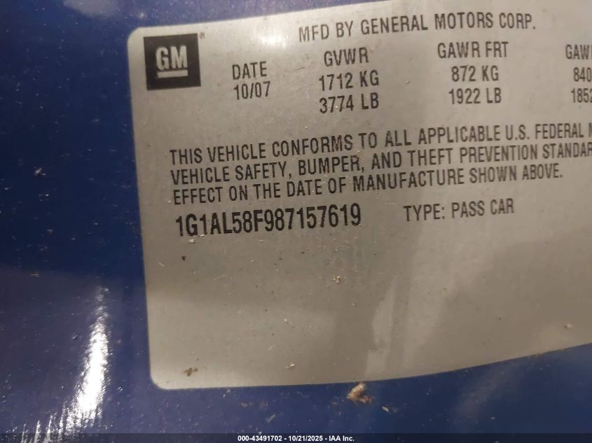 2008 Chevrolet Cobalt Lt VIN: 1G1AL58F987157619 Lot: 43491702