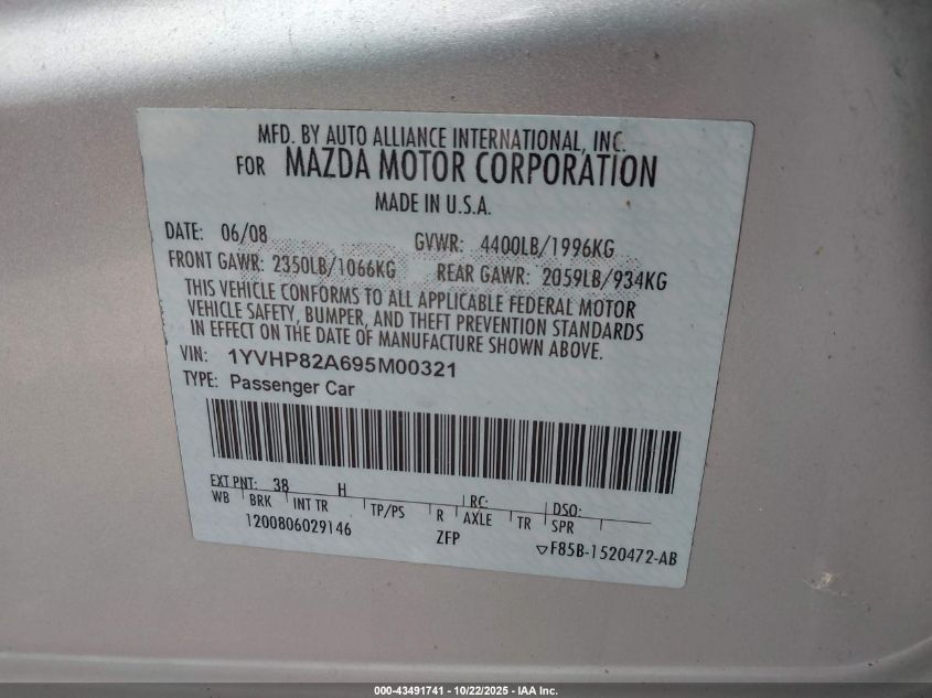 2009 Mazda Mazda6 I Touring VIN: 1YVHP82A695M00321 Lot: 43491741