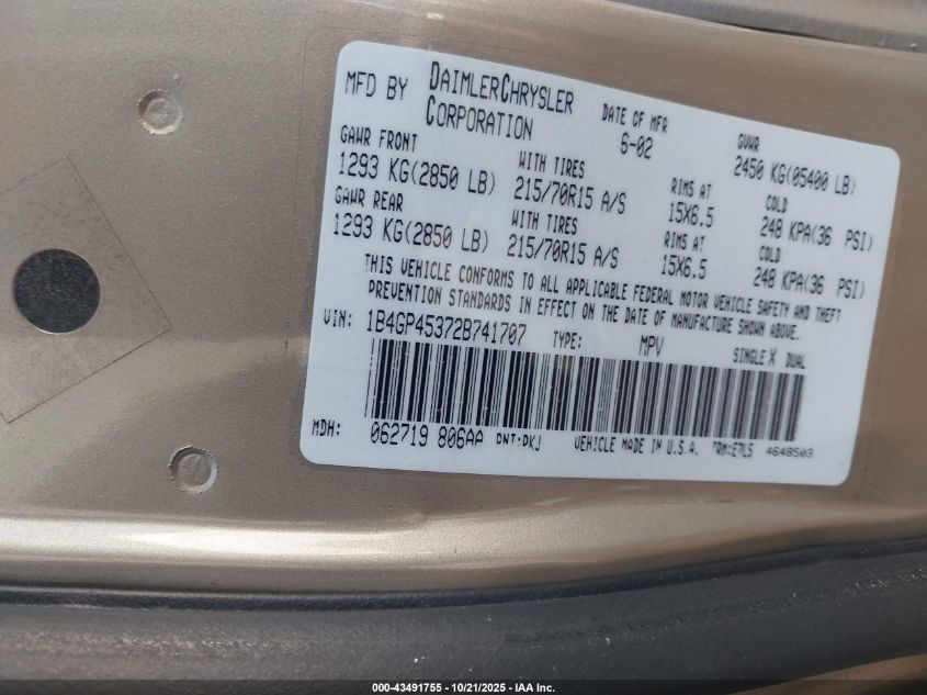 2002 Dodge Caravan Sport VIN: 1B4GP45372B741707 Lot: 43491755