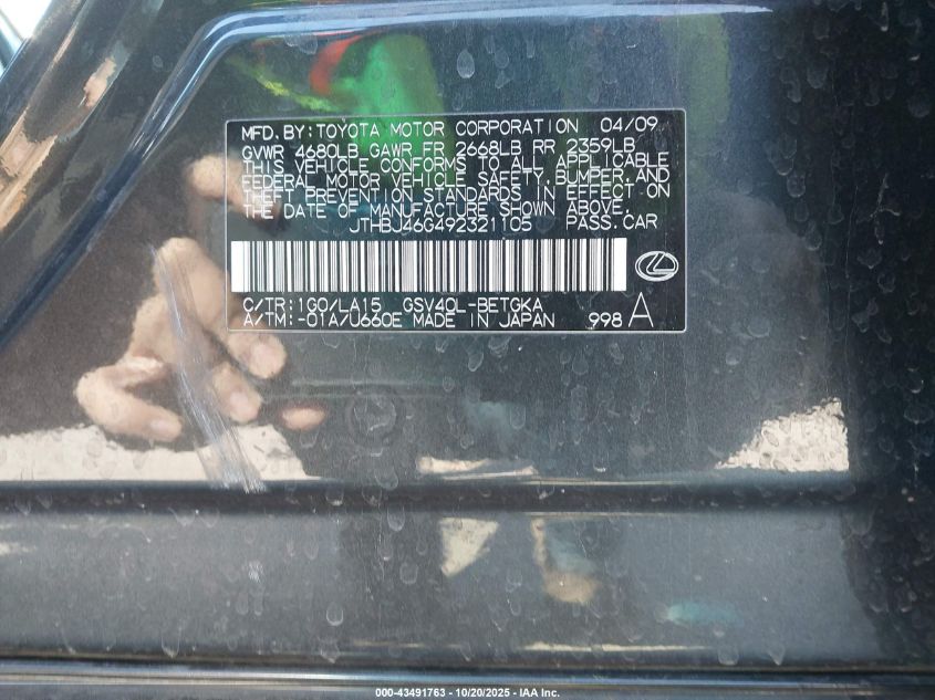 2009 Lexus Es 350 VIN: JTHBJ46G492321105 Lot: 43491763