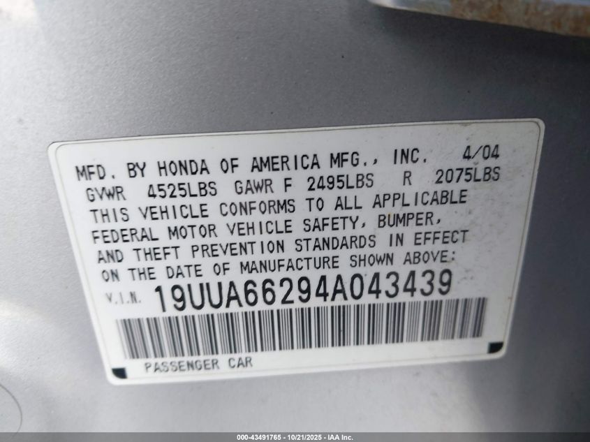 2004 Acura Tl VIN: 19UUA66294A043439 Lot: 43491765