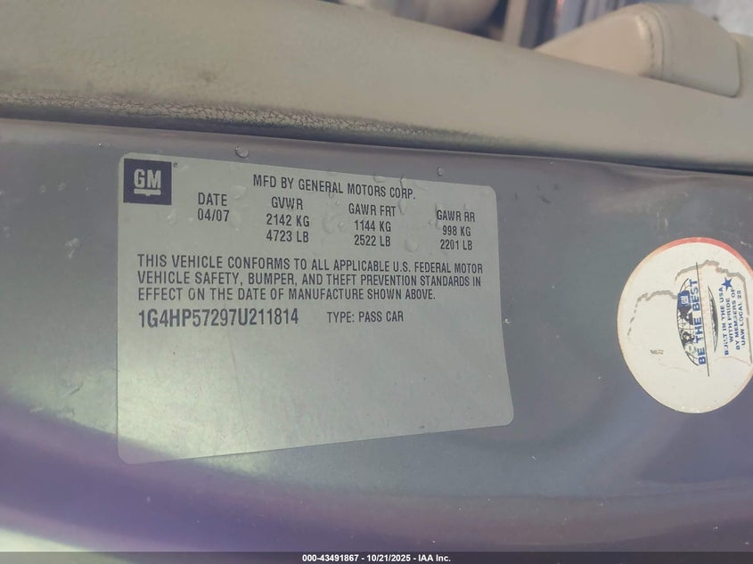 2007 Buick Lucerne Cx VIN: 1G4HP57297U211814 Lot: 43491867