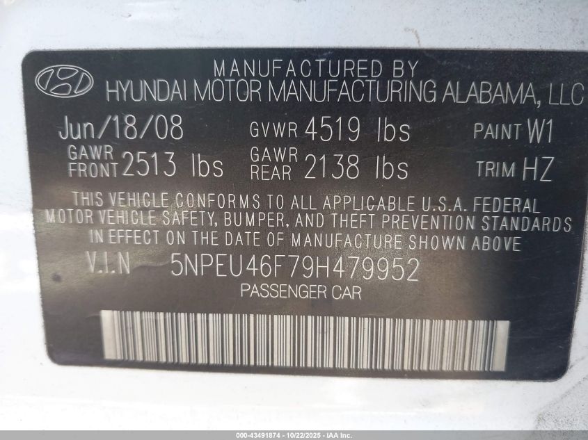 2009 Hyundai Sonata Se V6 VIN: 5NPEU46F79H479952 Lot: 43491874